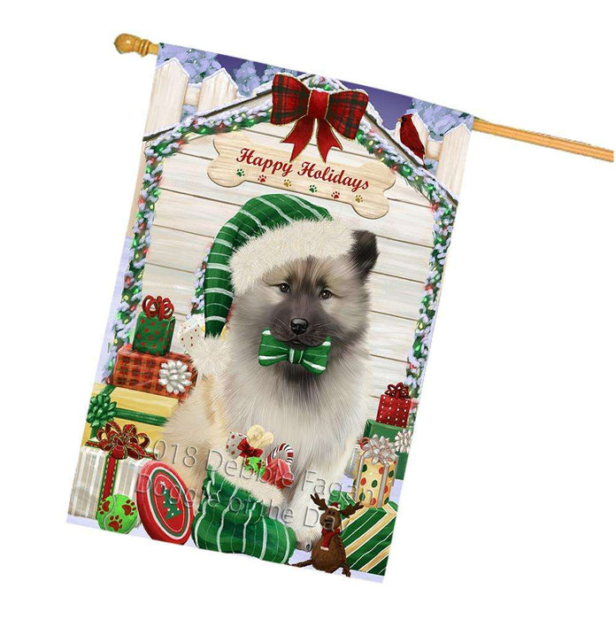 Happy Holidays Christmas Keeshond Dog With Presents House Flag FLG52752