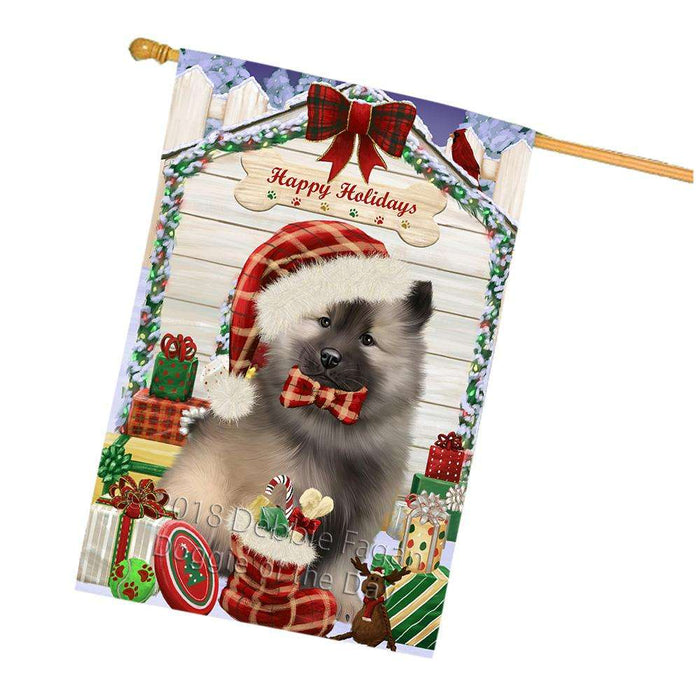 Happy Holidays Christmas Keeshond Dog With Presents House Flag FLG52753