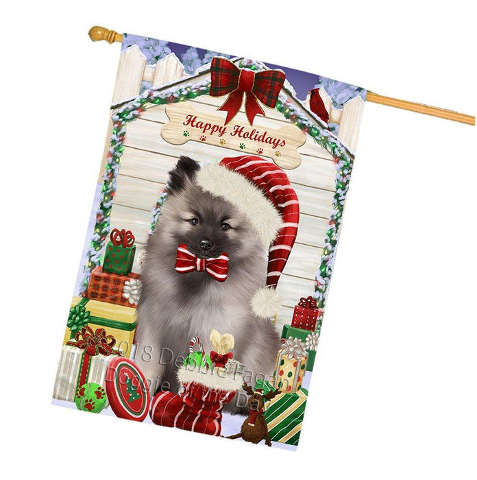 Happy Holidays Christmas Keeshond Dog With Presents House Flag FLG52754