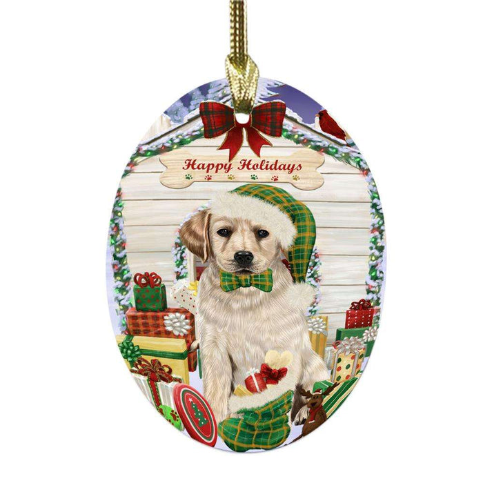 Happy Holidays Christmas Labrador House With Presents Oval Glass Christmas Ornament OGOR49886