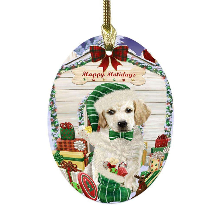 Happy Holidays Christmas Labrador House With Presents Oval Glass Christmas Ornament OGOR49887