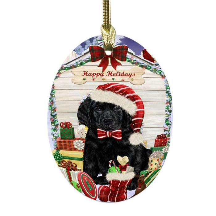 Happy Holidays Christmas Labrador House With Presents Oval Glass Christmas Ornament OGOR49889