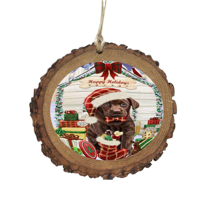 Happy Holidays Christmas Labrador House With Presents Wooden Christmas Ornament WOR49888