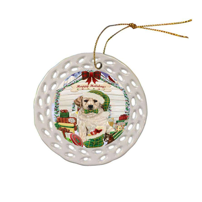 Happy Holidays Christmas Labrador Retriever Dog House with Presents Ceramic Doily Ornament DPOR51436