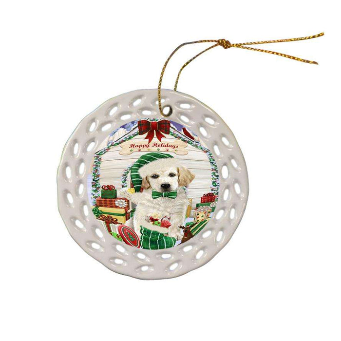 Happy Holidays Christmas Labrador Retriever Dog House with Presents Ceramic Doily Ornament DPOR51437
