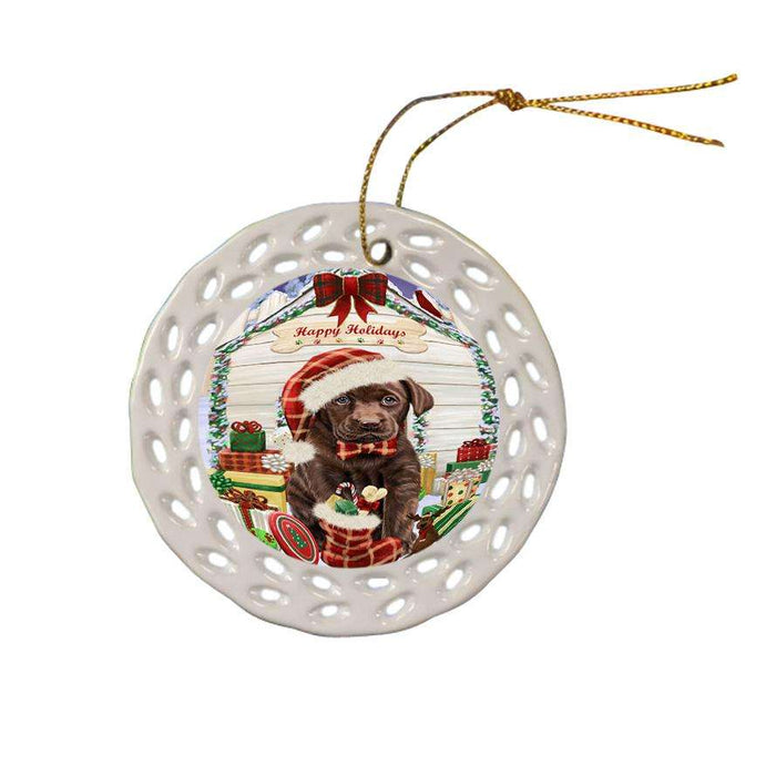 Happy Holidays Christmas Labrador Retriever Dog House with Presents Ceramic Doily Ornament DPOR51438