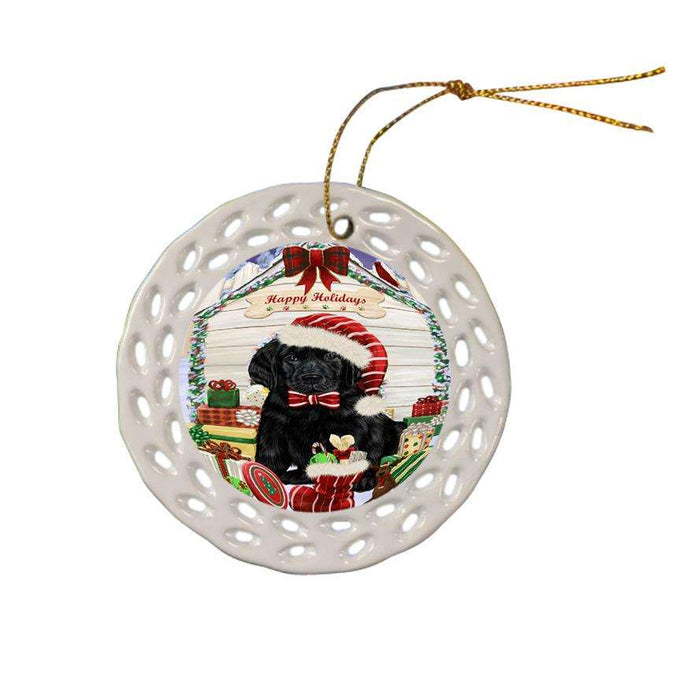 Happy Holidays Christmas Labrador Retriever Dog House with Presents Ceramic Doily Ornament DPOR51439