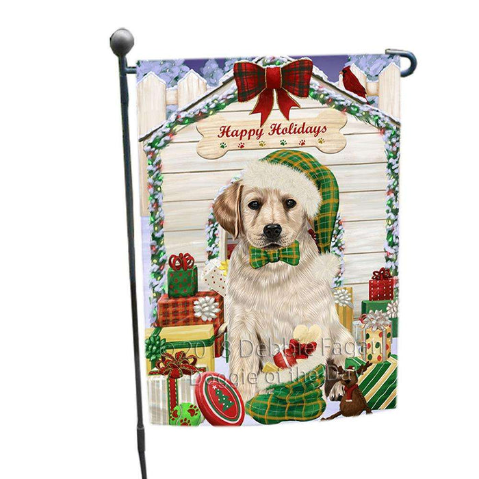 Happy Holidays Christmas Labrador Retriever Dog House with Presents Garden Flag GFLG51373