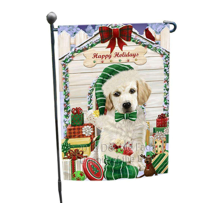 Happy Holidays Christmas Labrador Retriever Dog House with Presents Garden Flag GFLG51374