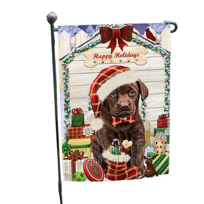 Happy Holidays Christmas Labrador Retriever Dog House with Presents Garden Flag GFLG51375