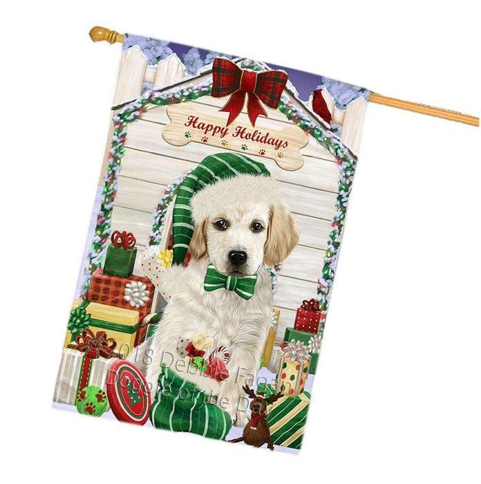 Happy Holidays Christmas Labrador Retriever Dog House with Presents House Flag FLG51510
