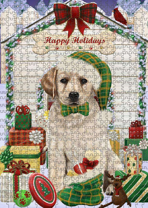 Happy Holidays Christmas Labrador Retriever Dog House with Presents Puzzle with Photo Tin PUZL58215