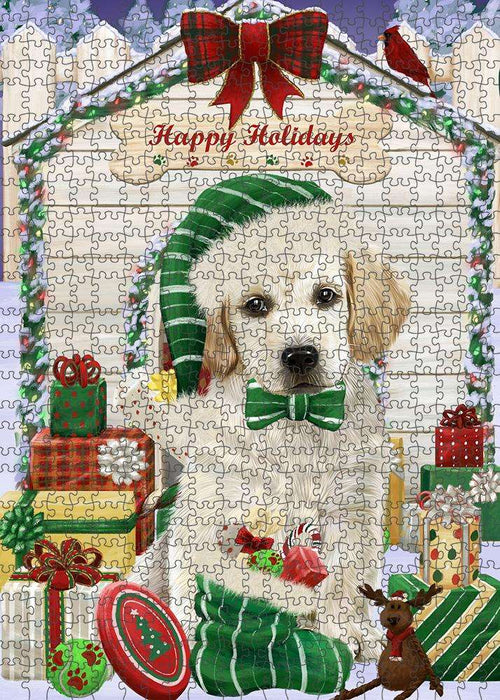 Happy Holidays Christmas Labrador Retriever Dog House with Presents Puzzle with Photo Tin PUZL58218
