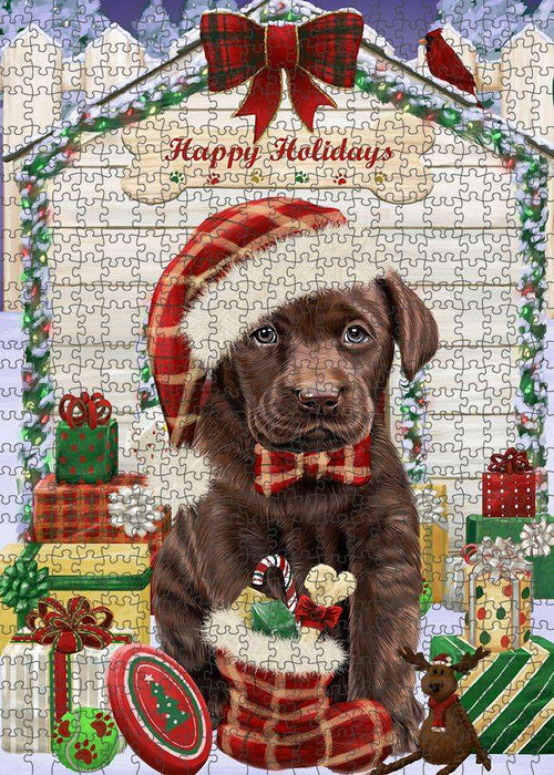 Happy Holidays Christmas Labrador Retriever Dog House with Presents Puzzle with Photo Tin PUZL58221