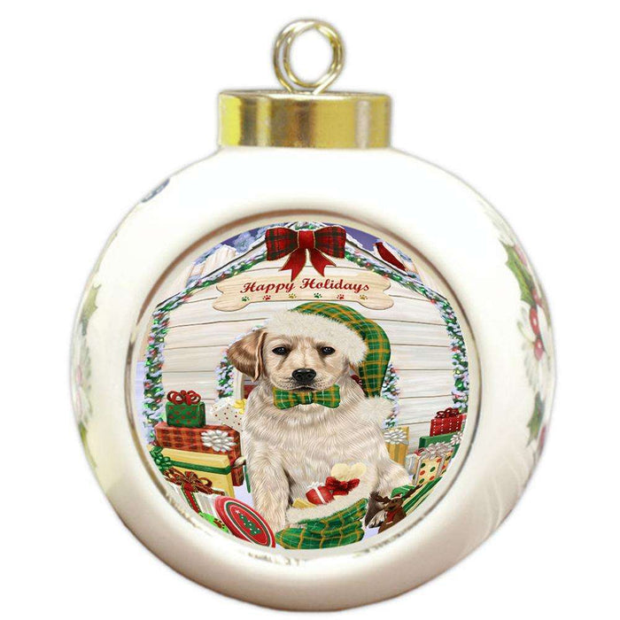 Happy Holidays Christmas Labrador Retriever Dog House with Presents Round Ball Christmas Ornament RBPOR51436