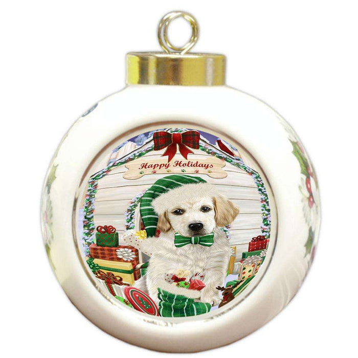 Happy Holidays Christmas Labrador Retriever Dog House with Presents Round Ball Christmas Ornament RBPOR51437