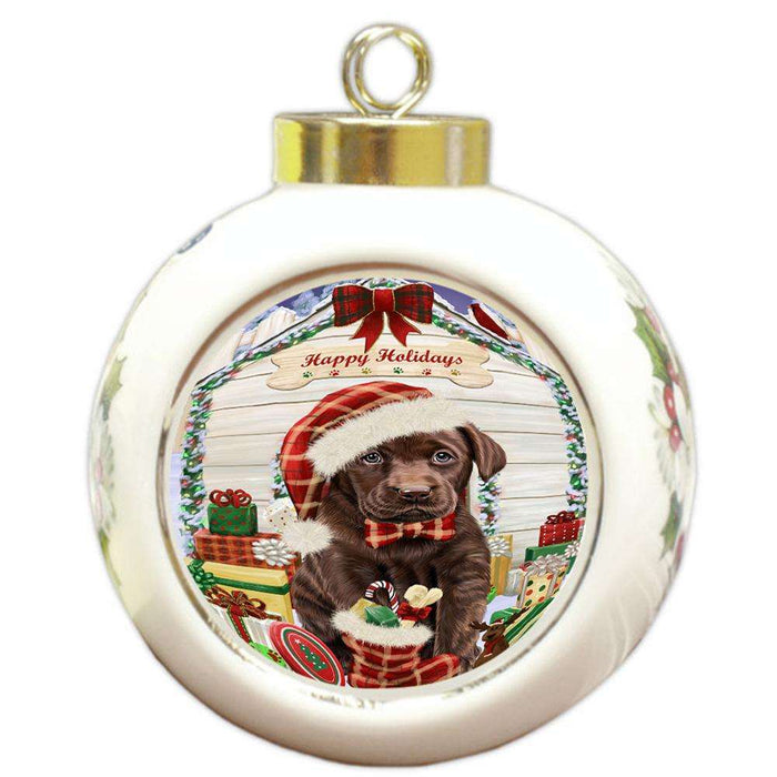 Happy Holidays Christmas Labrador Retriever Dog House with Presents Round Ball Christmas Ornament RBPOR51438