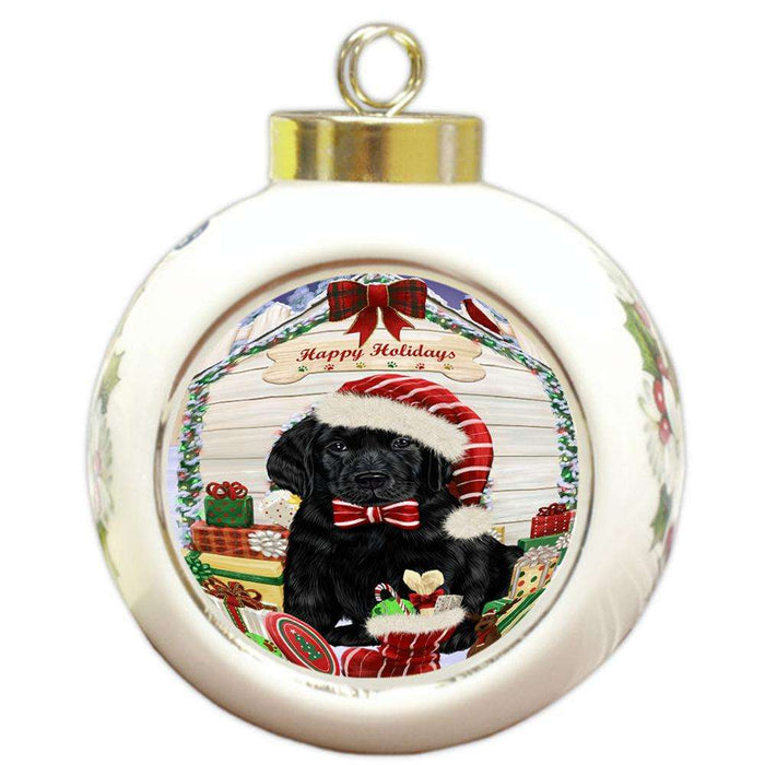 Happy Holidays Christmas Labrador Retriever Dog House with Presents Round Ball Christmas Ornament RBPOR51439
