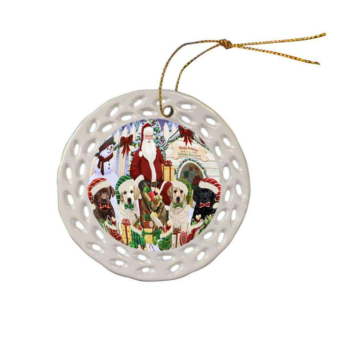 Happy Holidays Christmas Labrador Retrievers Dog House Gathering Ceramic Doily Ornament DPOR51457