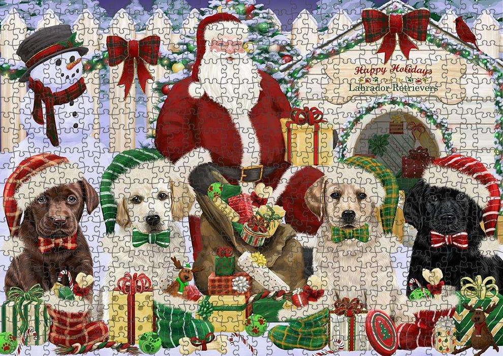 Happy Holidays Christmas Labrador Retrievers Dog House Gathering Puzzle with Photo Tin PUZL58053