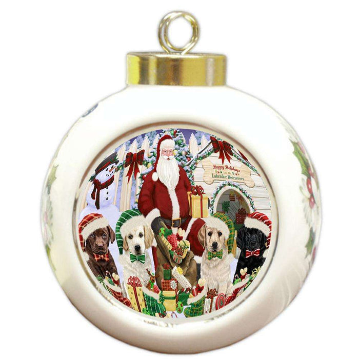 Happy Holidays Christmas Labrador Retrievers Dog House Gathering Round Ball Christmas Ornament RBPOR51457