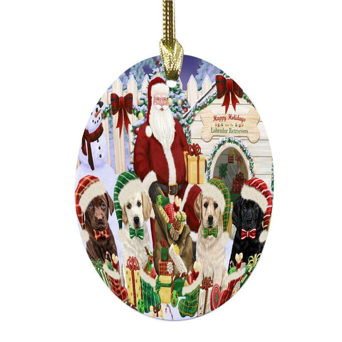Happy Holidays Christmas Labradors Dog House Gathering Oval Glass Christmas Ornament OGOR49708