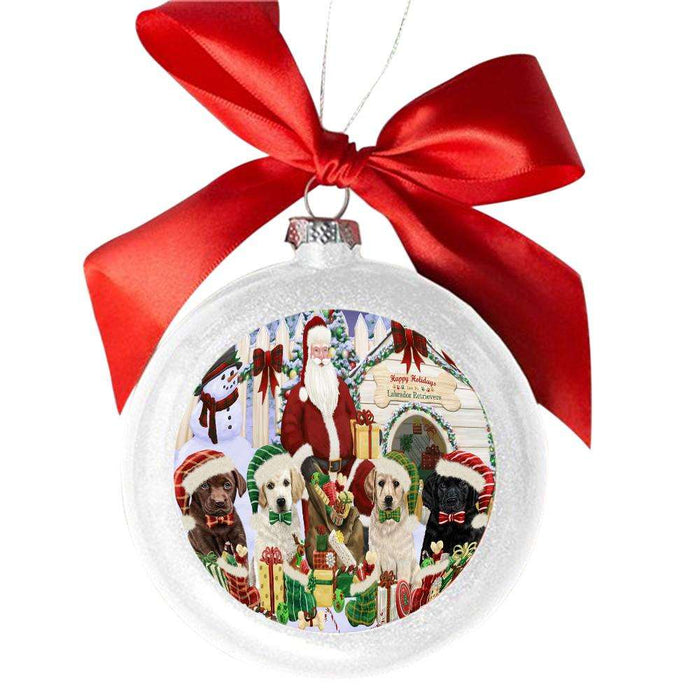 Happy Holidays Christmas Labradors Dog House Gathering White Round Ball Christmas Ornament WBSOR49708
