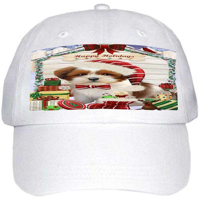 Happy Holidays Christmas Lhasa Apso Dog House with Presents Ball Hat Cap HAT58062