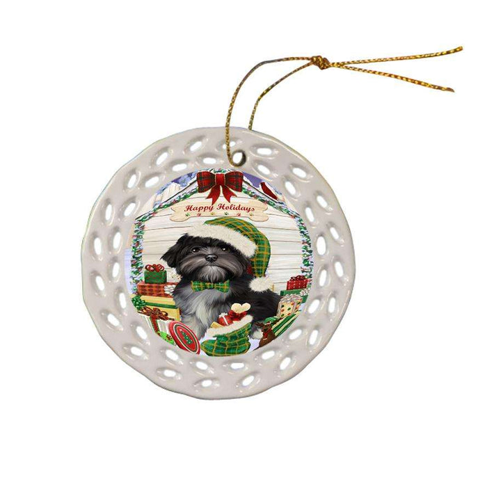 Happy Holidays Christmas Lhasa Apso Dog House with Presents Ceramic Doily Ornament DPOR51440