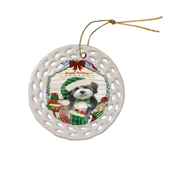 Happy Holidays Christmas Lhasa Apso Dog House with Presents Ceramic Doily Ornament DPOR51441