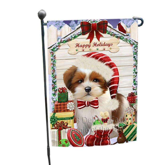 Happy Holidays Christmas Lhasa Apso Dog House with Presents Garden Flag GFLG51380