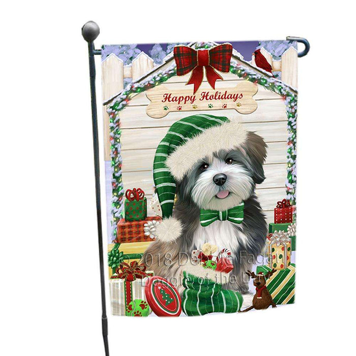 Happy Holidays Christmas Lhasa Apso Dog House with Presents Garden Flag GFLG51453