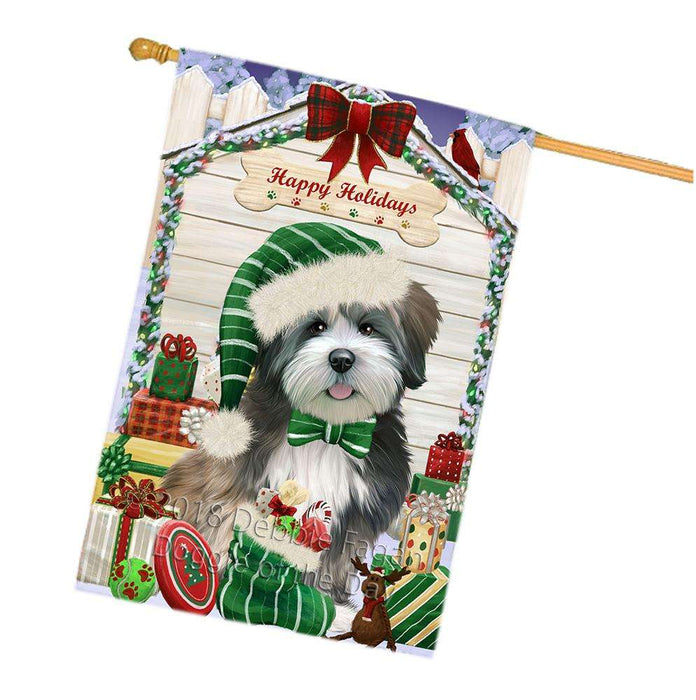 Happy Holidays Christmas Lhasa Apso Dog House with Presents House Flag FLG51514