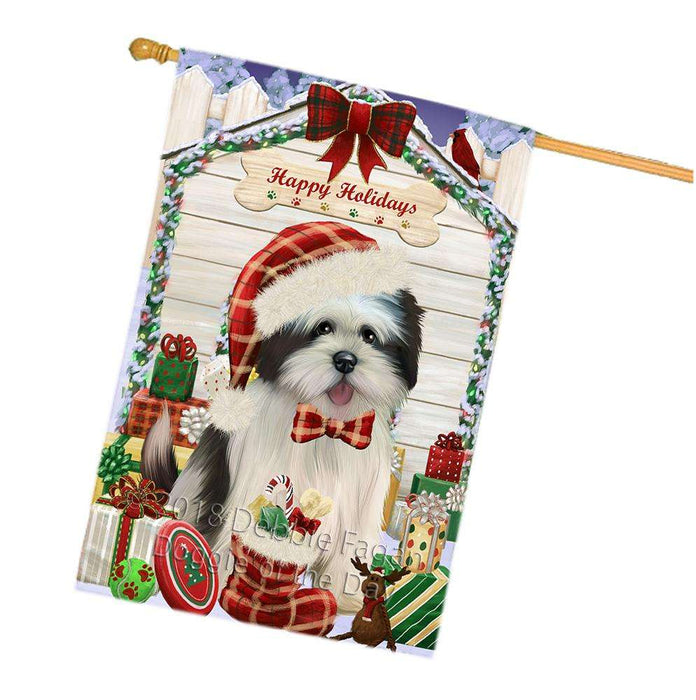 Happy Holidays Christmas Lhasa Apso Dog House with Presents House Flag FLG51515