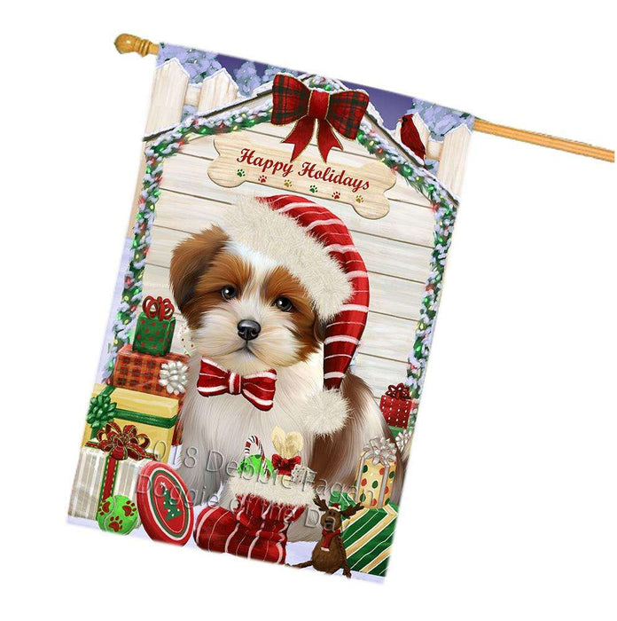 Happy Holidays Christmas Lhasa Apso Dog House with Presents House Flag FLG51516
