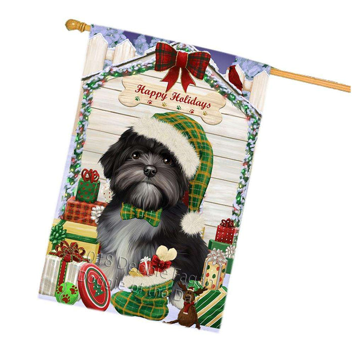 Happy Holidays Christmas Lhasa Apso Dog House with Presents House Flag FLG51588