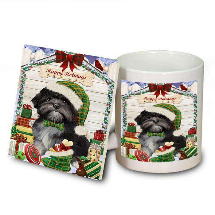 Happy Holidays Christmas Lhasa Apso Dog House with Presents Mug and Coaster Set MUC51432