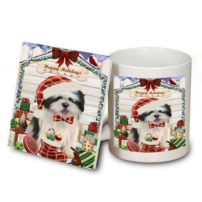 Happy Holidays Christmas Lhasa Apso Dog House with Presents Mug and Coaster Set MUC51434