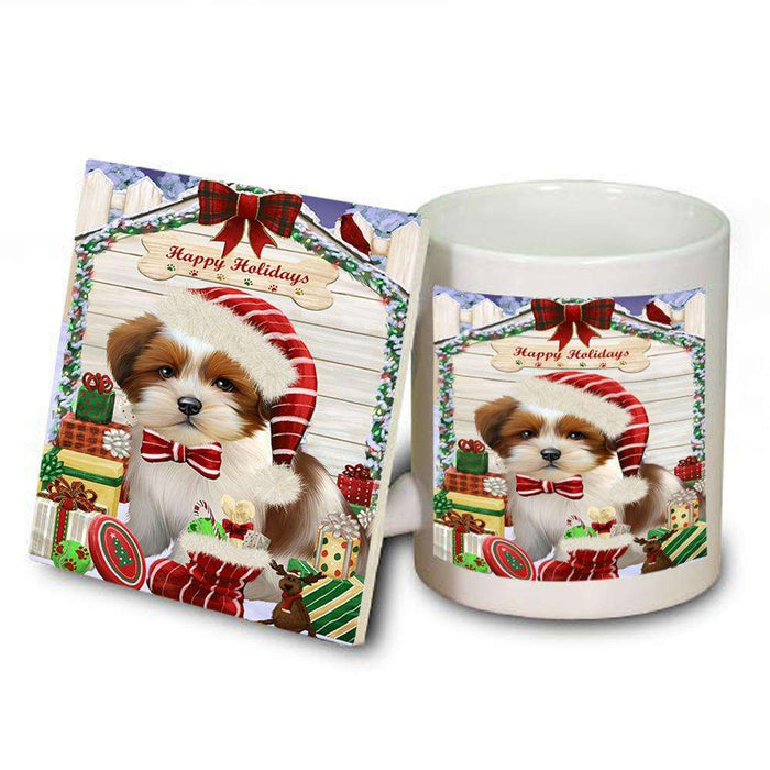 Happy Holidays Christmas Lhasa Apso Dog House with Presents Mug and Coaster Set MUC51435