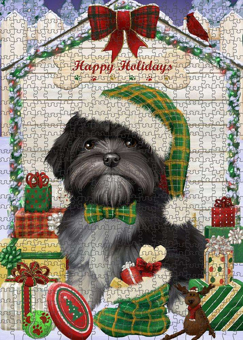 Happy Holidays Christmas Lhasa Apso Dog House with Presents Puzzle with Photo Tin PUZL58227