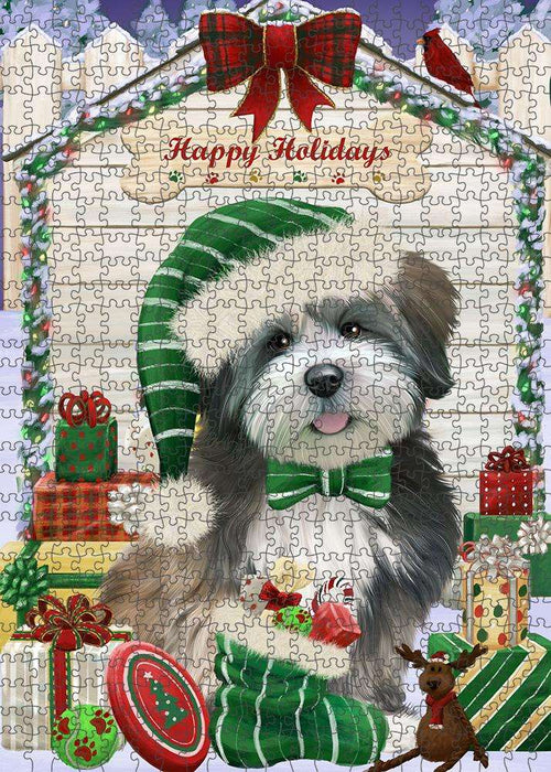Happy Holidays Christmas Lhasa Apso Dog House with Presents Puzzle with Photo Tin PUZL58230