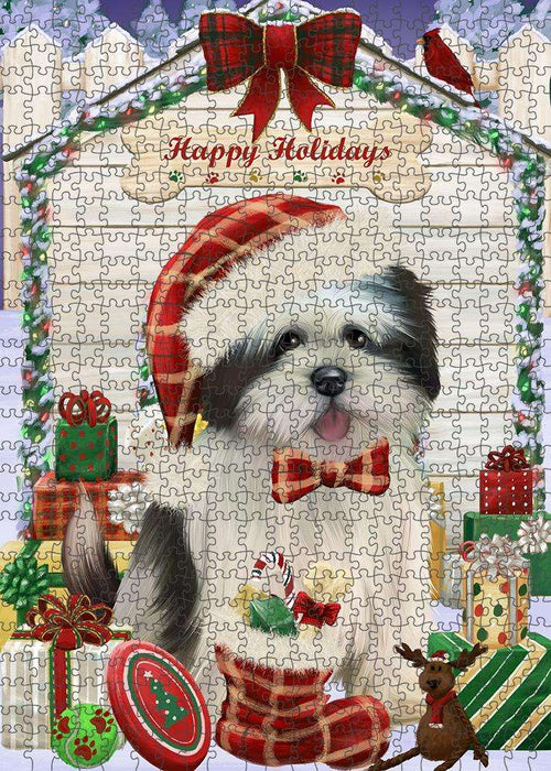 Happy Holidays Christmas Lhasa Apso Dog House with Presents Puzzle with Photo Tin PUZL58233
