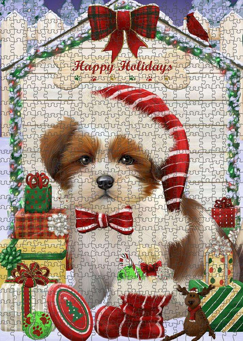 Happy Holidays Christmas Lhasa Apso Dog House with Presents Puzzle with Photo Tin PUZL58236