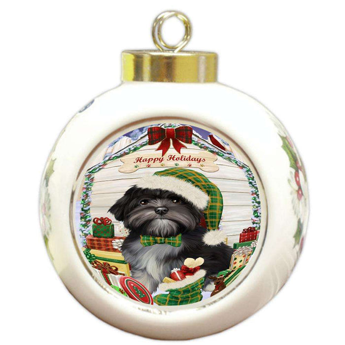 Happy Holidays Christmas Lhasa Apso Dog House with Presents Round Ball Christmas Ornament RBPOR51440