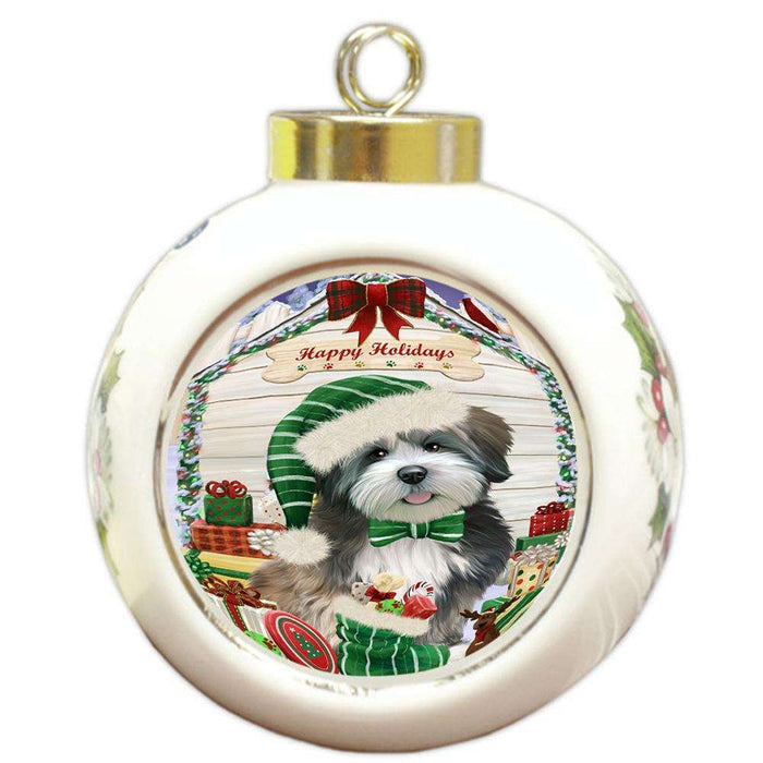 Happy Holidays Christmas Lhasa Apso Dog House with Presents Round Ball Christmas Ornament RBPOR51441