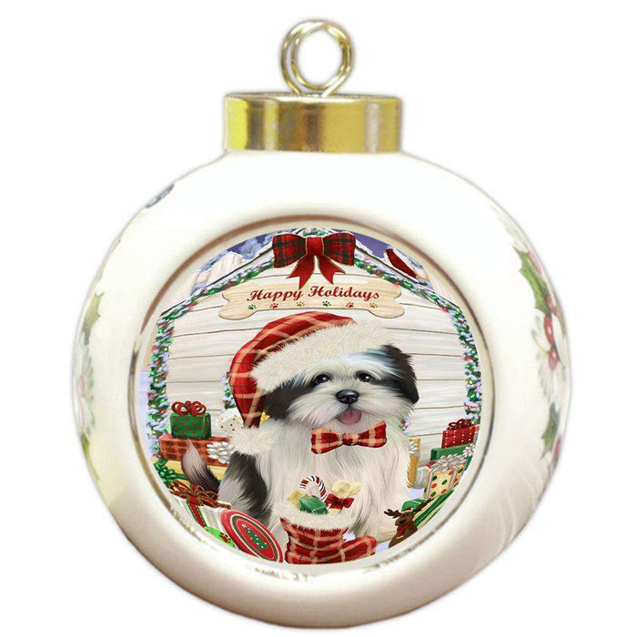 Happy Holidays Christmas Lhasa Apso Dog House with Presents Round Ball Christmas Ornament RBPOR51442
