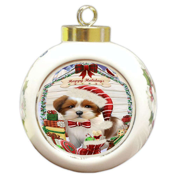Happy Holidays Christmas Lhasa Apso Dog House with Presents Round Ball Christmas Ornament RBPOR51443