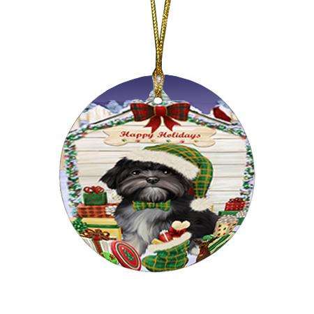Happy Holidays Christmas Lhasa Apso Dog House with Presents Round Flat Christmas Ornament RFPOR51431