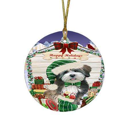 Happy Holidays Christmas Lhasa Apso Dog House with Presents Round Flat Christmas Ornament RFPOR51432