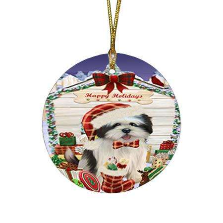 Happy Holidays Christmas Lhasa Apso Dog House with Presents Round Flat Christmas Ornament RFPOR51433